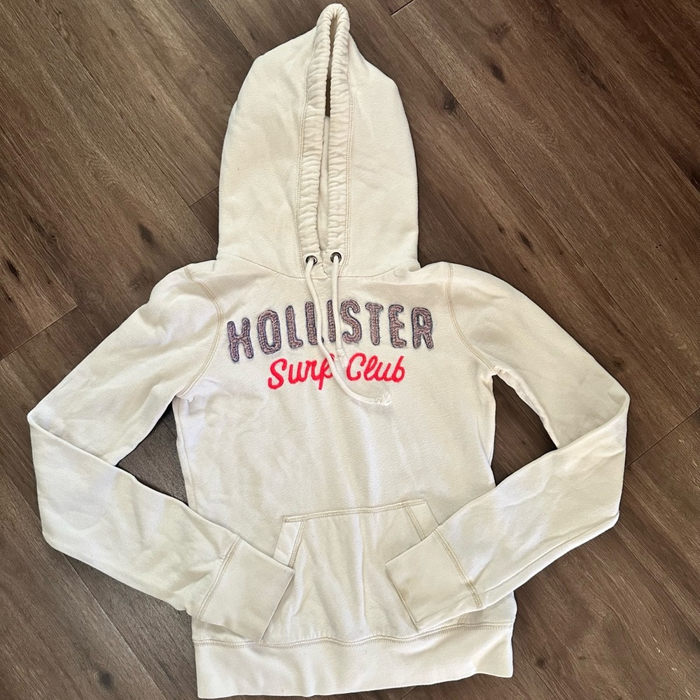 Hollister Cream Hoodie with Red and Gray Lettering